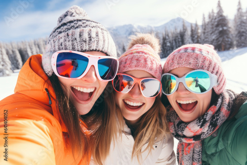 Three beautiful happy young women with sunglasses and winter clothing having fun in ski resort Bukovel, winter holiday concept.