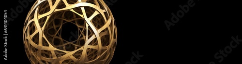 Gold structure on black background. Industrial vortex in motion. Luxury glowing pattern of lines, metal, steel. Object in space for card, banner.
