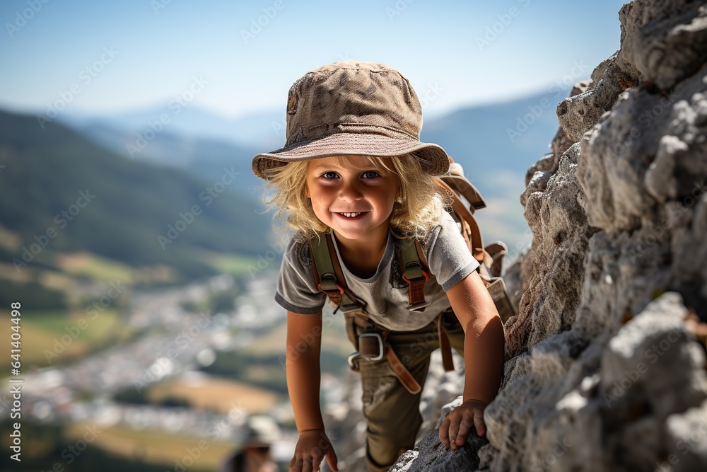 Blonde little boy practicing hiking against the background of mountains.