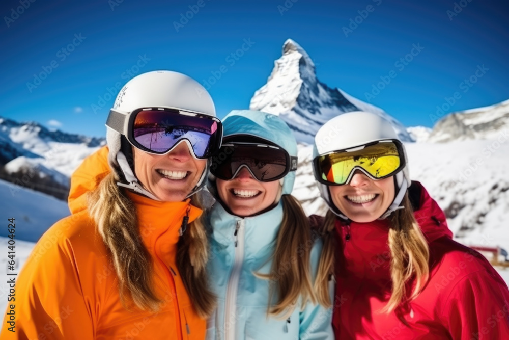 Three happy young women with sunglasses and ski equipment having fun in ski resort Matterhorn, winter holiday concept.