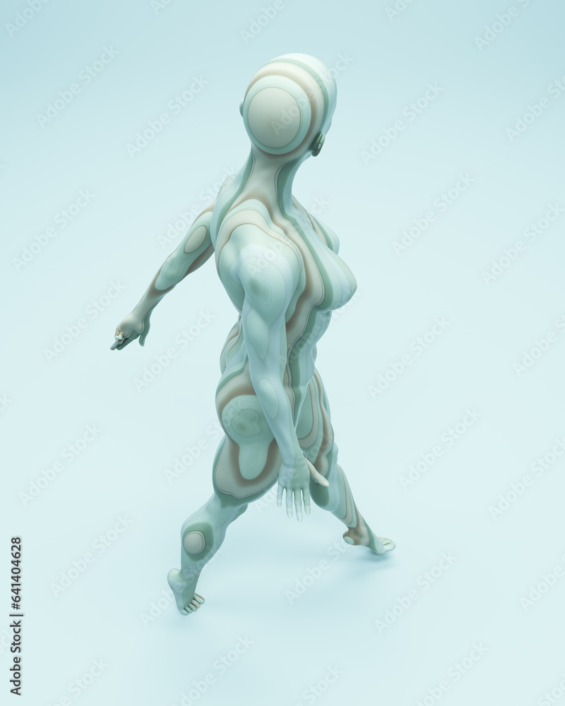 Woman muscular abstract psychedelic pattern fashion figure green peach blue lines wavy elegant female walking 3d illustration render digital rendering Woman muscular abstract psychedelic pattern fashion figure green peach blue lines wavy elegant female walking 3d illustration render digital rendering