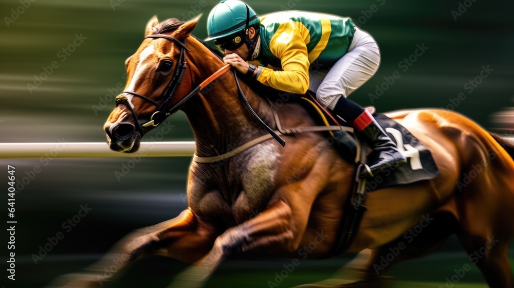 Naklejka premium Jockey champion on racing horse. Generative AI