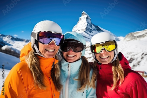 Three happy young women with sunglasses and ski equipment having fun in ski resort Matterhorn, winter holiday concept.