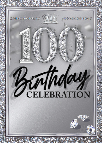 100th Silver Birthday Invitation Diamond Glitter Template