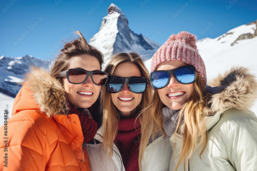 Three beautiful happy young women with sunglasses and winter clothing having fun in ski resort Matterhorn, winter holiday concept. Three beautiful happy young women with sunglasses and winter clothing having fun in ski resort Matterhorn, winter holiday concept.