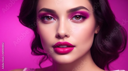 Closeup Portrait of a Stunning Female Fashion Model with Long Hair, Pink Lips, Matte Makeup, Vibrant Background. Fashion Editorial Concept