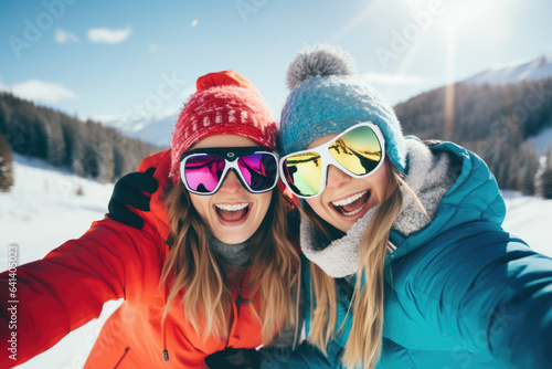 Two beautiful happy young women with sunglasses and winter clothing having fun in ski resort Bukovel, winter holiday concept.