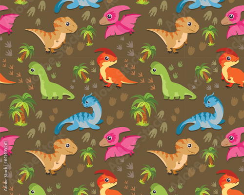 seamless pattern with dinosaur t-rex birds dino foot prints