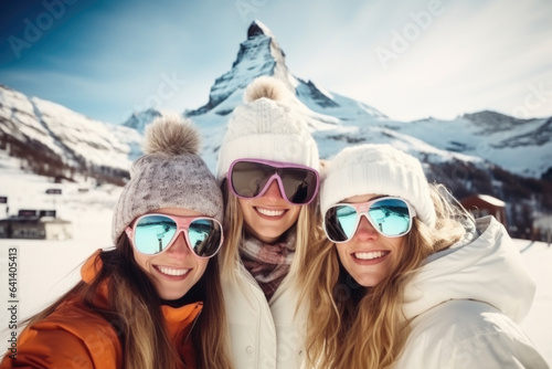 Three beautiful happy young women with sunglasses and winter clothing having fun in ski resort Matterhorn, winter holiday concept.