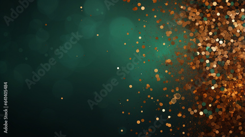Festive green banner with gold shiny glitter. Empty postcard with copy space. Green and orange shiny sparkles. Border or frame design. Generative AI 