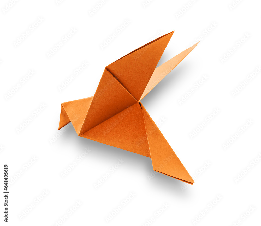 Orange paper dove origami isolated on a white background - obrazy, fototapety, plakaty 