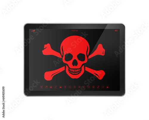 Fototapeta Naklejka Na Ścianę i Meble -  Tablet PC with a pirate symbol on screen. Hacking concept