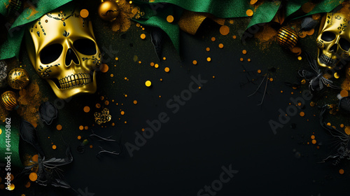 Festive banner with halloween decorations. Empty postcard with copy space. Gold skull on green dark background. Border or frame design. Generative AI © Odin