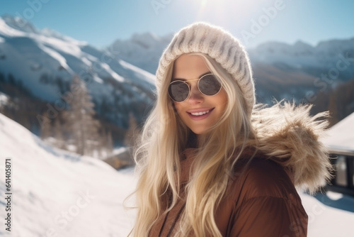 Portrait of a beautiful smiling happy young woman in ski resort, winter holiday concept.