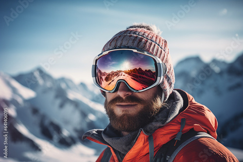 Generative AI photography of happy man wear sunglasses spending weekend at ski resort winter holiday concept