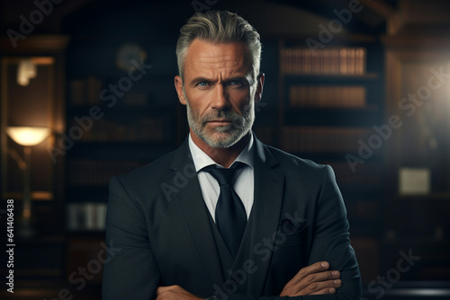 Generative AI photo of confident determined intelligent mature man standing in library