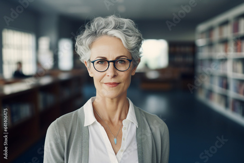 Generative AI photo of beautiful intelligent lady blurred schoolroom or library background school university education concept photo