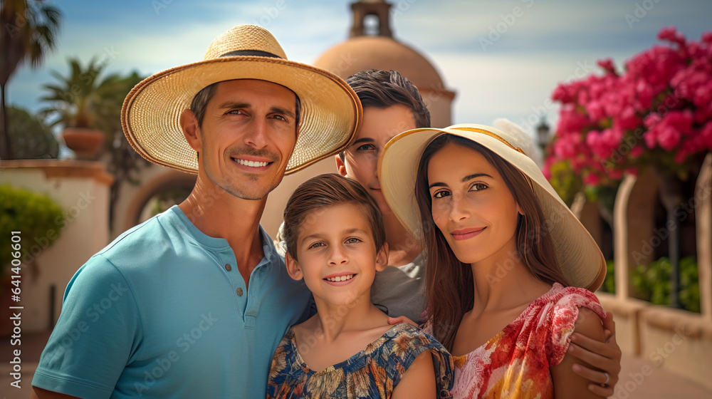 Mission Magic - Detailed Portrait of Caucasian Family in Vacation Attire - Embracing San Diego's Historic Mission San Diego de Alcalá - Radiating Warm and Vibrant Vibes