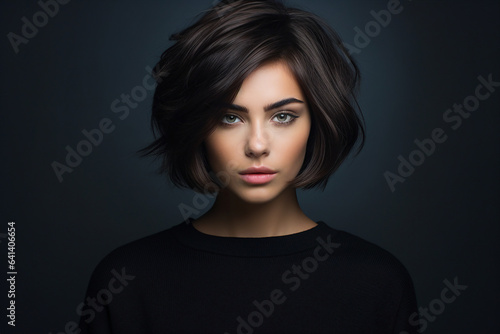 Generative AI portrait of fashion model brunette hair short haircut trendy salon hairstyle