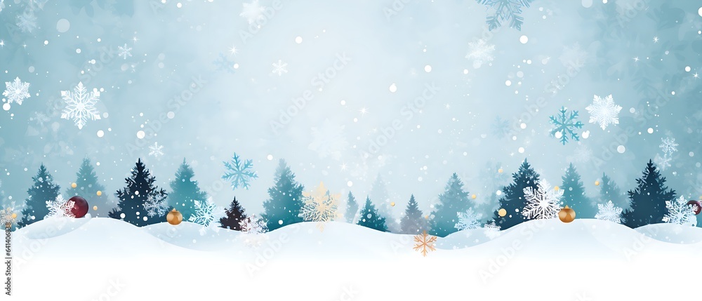 Christmas blue background with christmas tree, snowflakes and snow. Space for text
