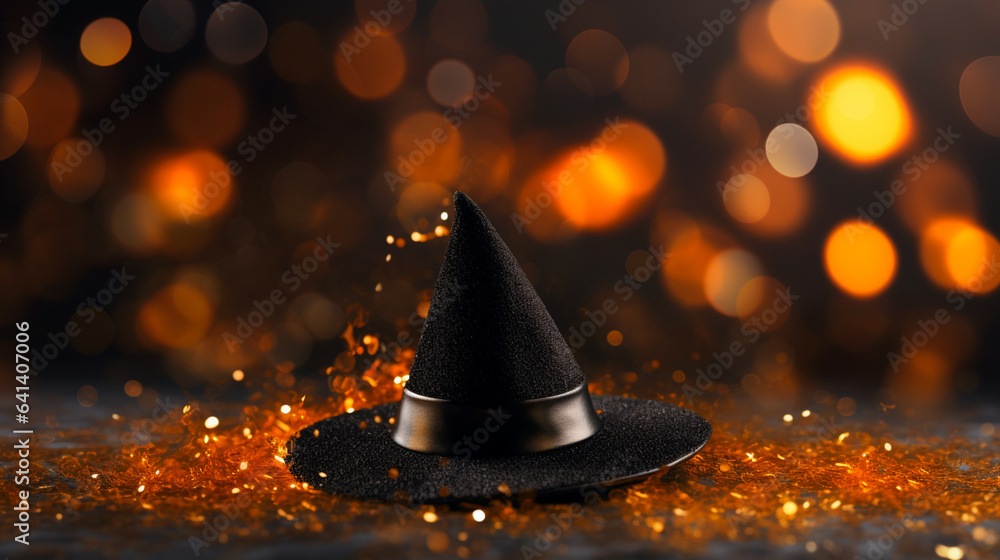 Fototapeta premium Festive halloween banner with black witch hat and gold bokeh background. Empty postcard with copy space. Generative AI