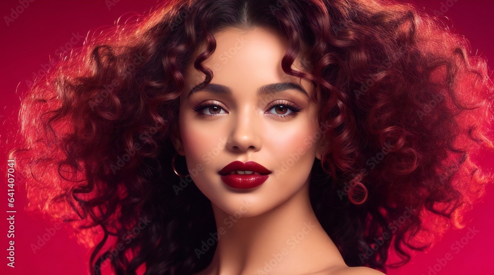 Fototapeta premium Closeup Portrait of a Gorgeous Fashion Model with Curly Hair, Red Lips, Matte Makeup. Fashion Editorial Concept