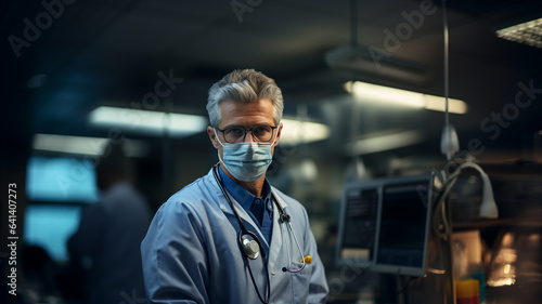 Virus protection, doctor with glasses and surgical mask in his medical office  © EcoPim-studio
