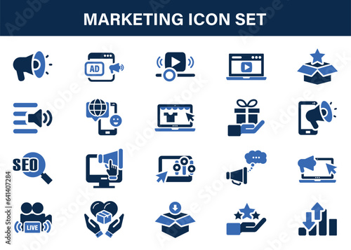 Marketing and advertising icon collection. Content, search, strategies, marketing, e-commerce, Seo. Flat vector illustration