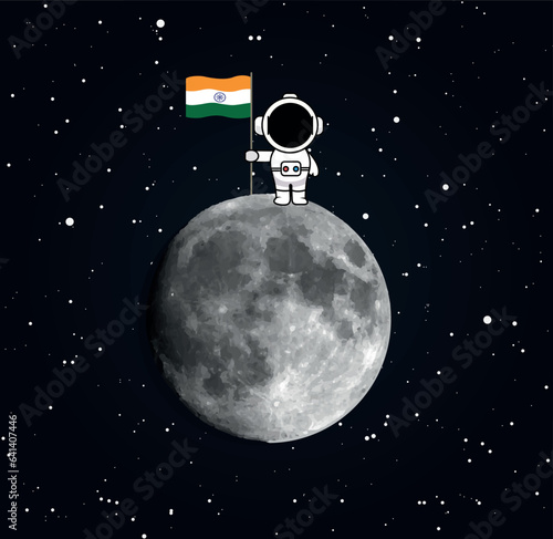 Indian astronaut landed on moon and hold flag of India in his hand. Vector illustration.