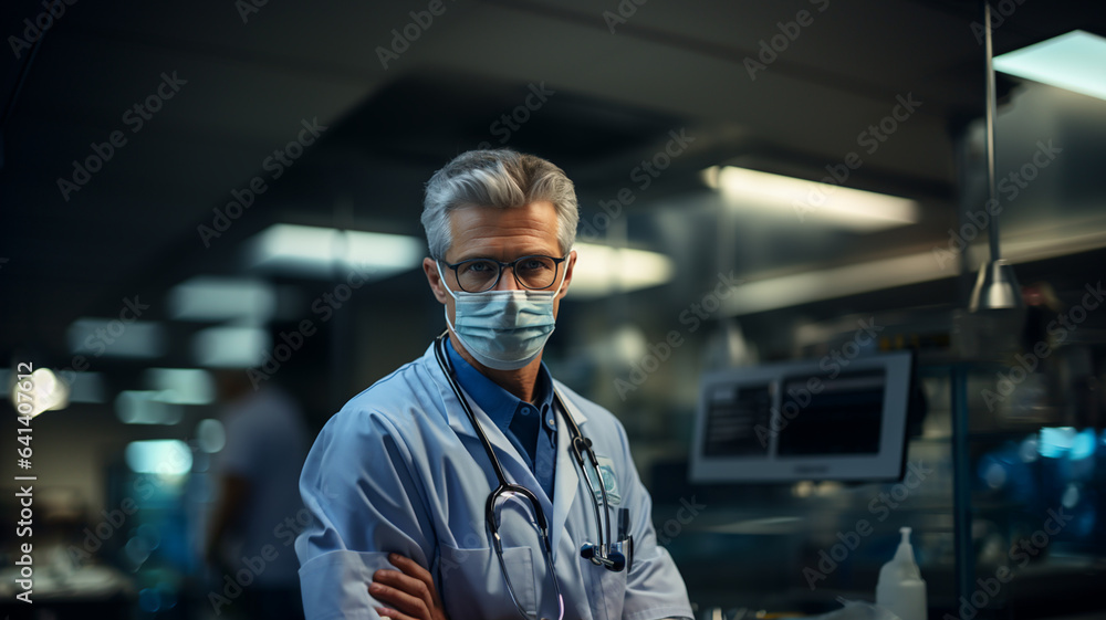 Virus protection, doctor with glasses and surgical mask in his medical office

