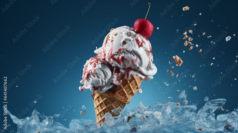 Tasty ice cream with fruits on blue background - obrazy, fototapety, plakaty 