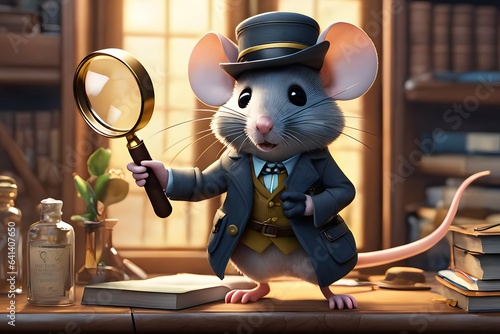 Detective Mouse Illustration: Uncover Clues with a Clever Mouse in Detective Attire, Wielding a Magnifying Glass and Solving Puzzles