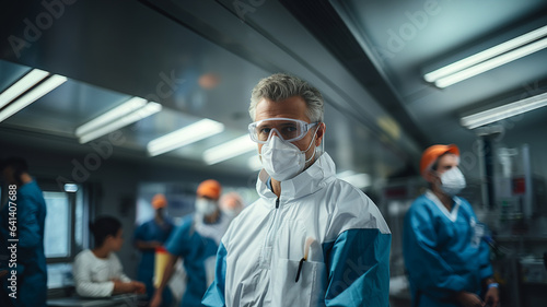Virus protection, doctor with glasses and surgical mask in his medical office 
