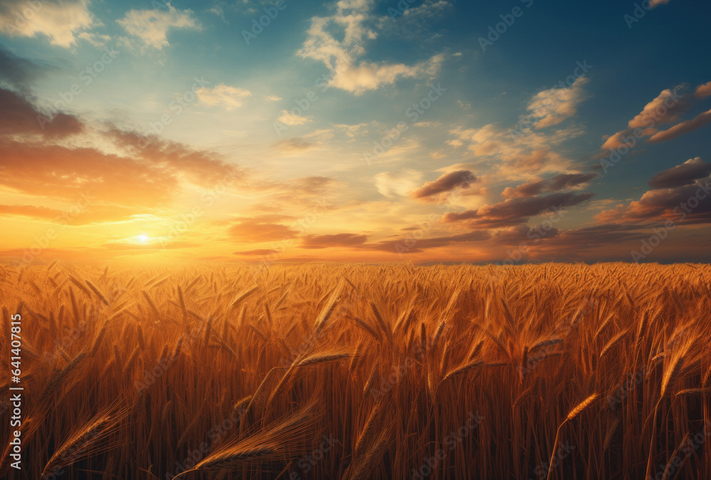 Sunset in wheat field stock orange and gold ai generated
