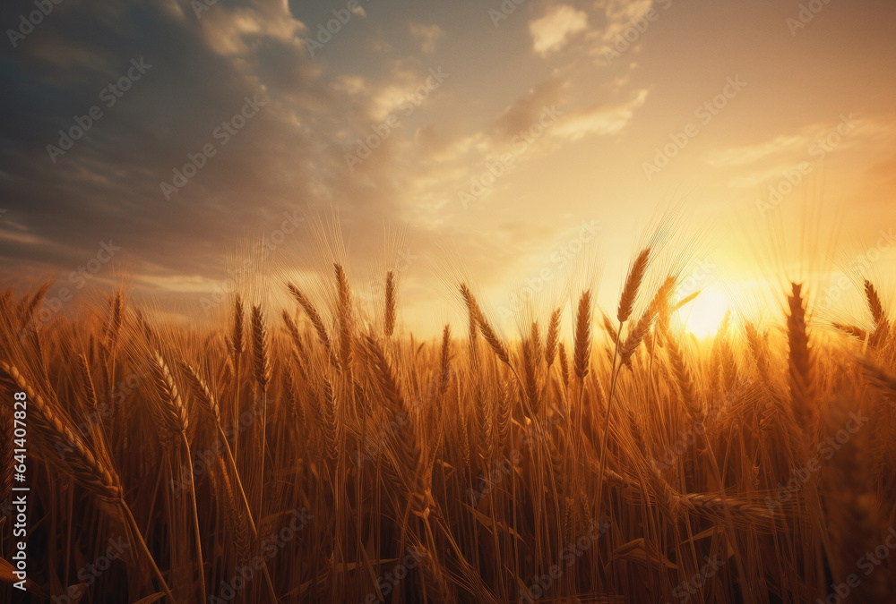 Sunset in wheat field stock orange and gold ai generated