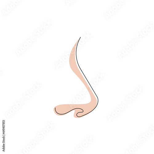 Nose drawn in one continuous line with color spot. One line drawing, minimalism. Vector illustration.