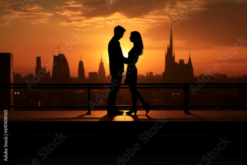 The silhouette of a couple in love. A man and woman stand on a rooftop terrace in front of a sunset and skyline. photo