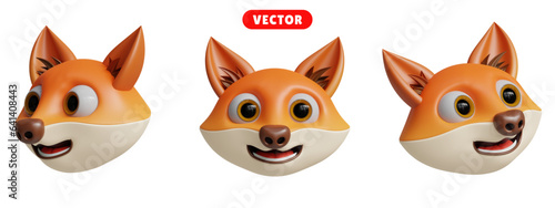 cute fox head 3D vector icon set.