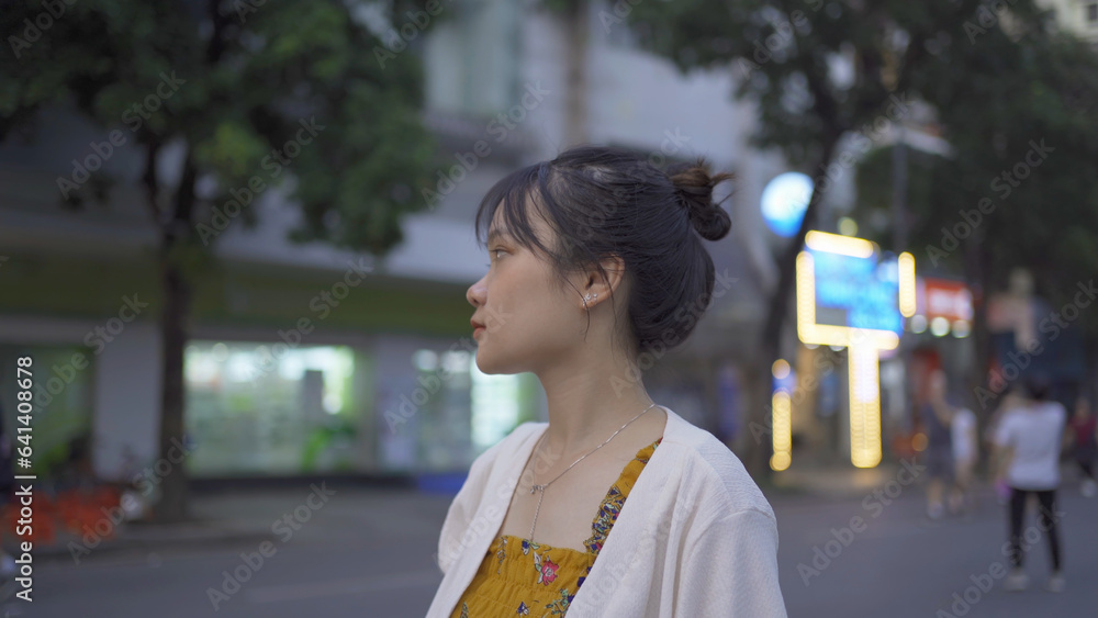 Fototapeta premium Asian Vietnamese woman walking on the street in Hanoi urban city town, Vietnam.