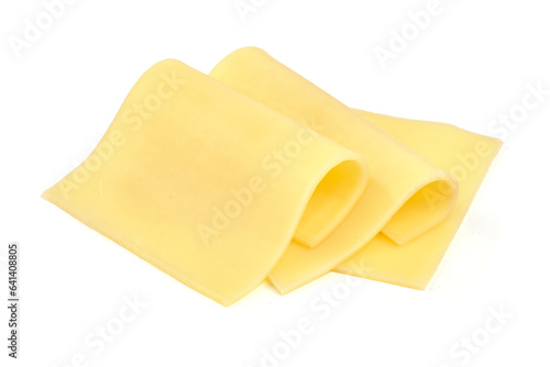 Slices of gouda cheese, isolated on white background.