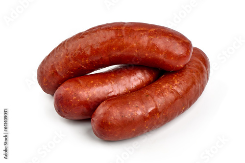 Smoked pork sausages, german cuisine, isolated on white background.