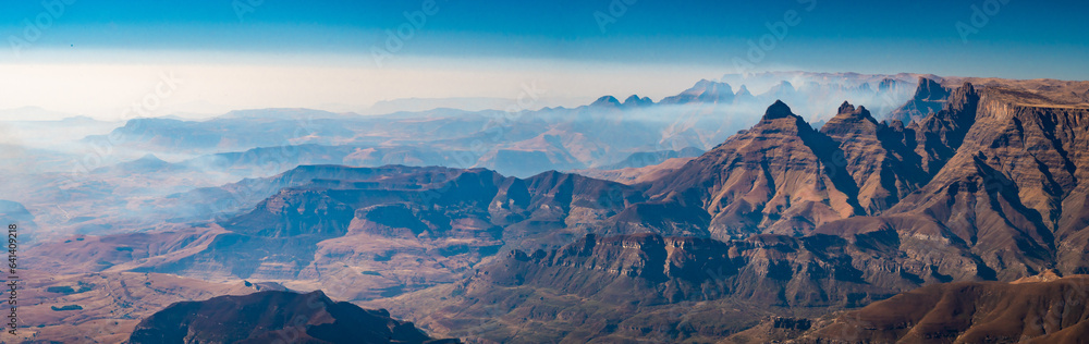 Aerial view of Cathedral Peak in Drakensberg mountains, at the Lesotho border in KwaZulu-Natal province, South Africa