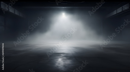 Dark Concrete Empty Stage with Smoke and Spotlight