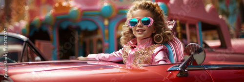 Süsses Mädchen im pinken glanz Outfit Sonnenbrille und Limousine lacht herzhaft im Querformat als Banner, ai generativ