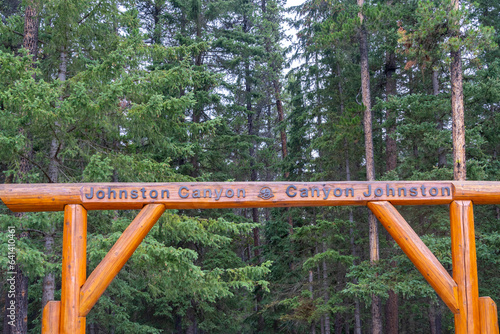 The entrance to Johnston Canyon in Banff National Park, Alberta, Canada - July 12, 2023. Johnston Canyon Trail to Upper Falls is an extremely popular and scenic trail in Banff National Park.