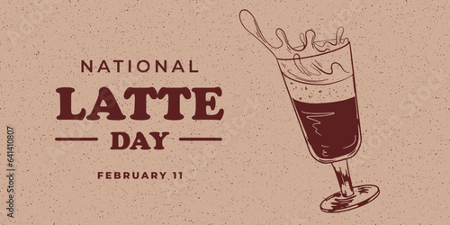 National latte day banner. Coffee day poster. Glass mug with spilled coffee. Splash drink. Sketch style cup of latte macchiato. Beverage drawing with hatching. Grainy background