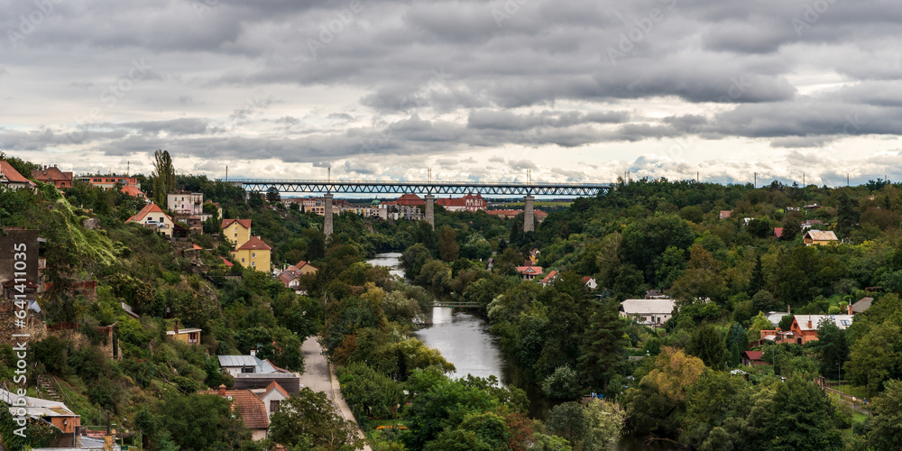 Dyje valley with railway bridge above and Loucky klaster monastery on the background from Znojemsky hrad castle in Znojmo city in Czech republic Dyje valley with railway bridge above and Loucky klaster monastery on the background from Znojemsky hrad castle in Znojmo city in Czech republic