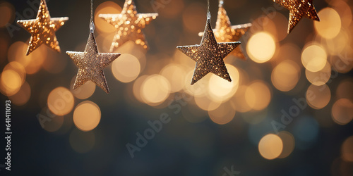 Christmas lights with festive decoration. New Year concept. Stars at the abstract defocused background