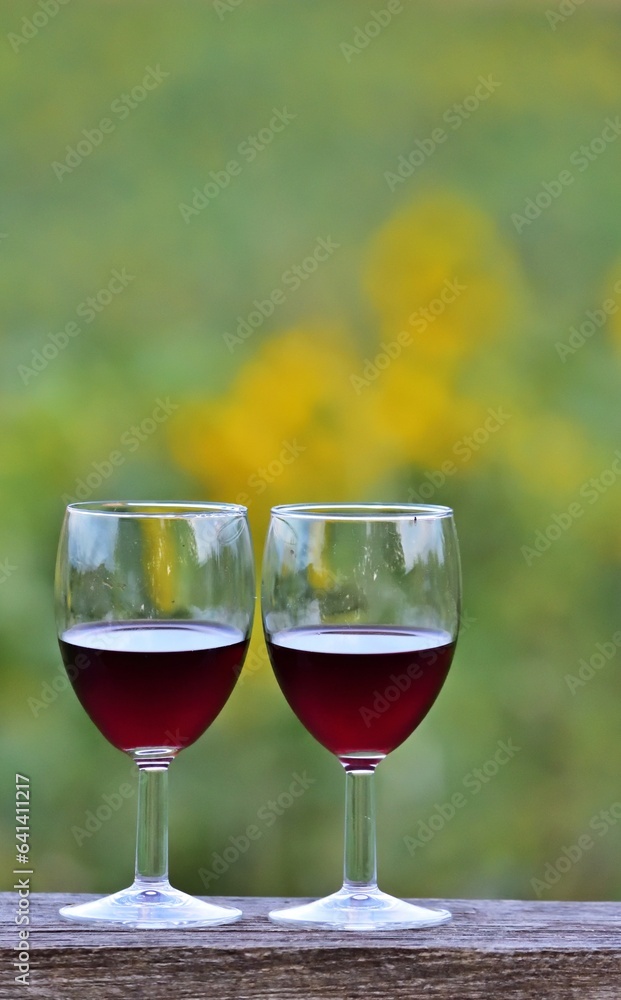 Zwei Weingläser mit Rotwein vor grünem Hintergrund