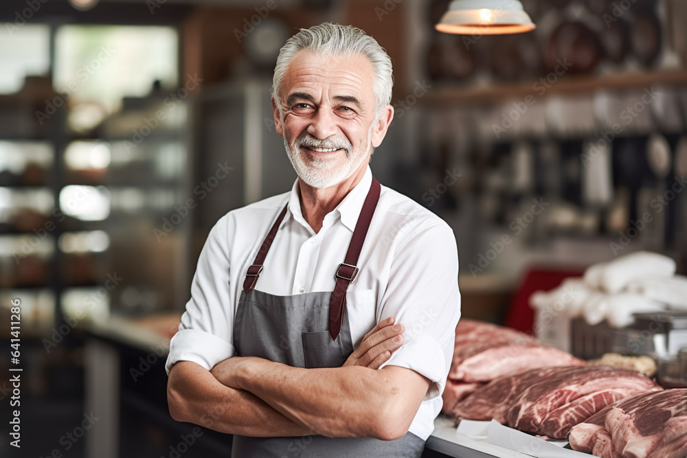Φωτογραφία Happy middle-aged man, successful owner of a small business, owner of butcher sh